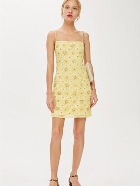 Topshop Luxury Designs Yellow Lace Sequin Beaded Mini Dress | Size US 6 | NWT